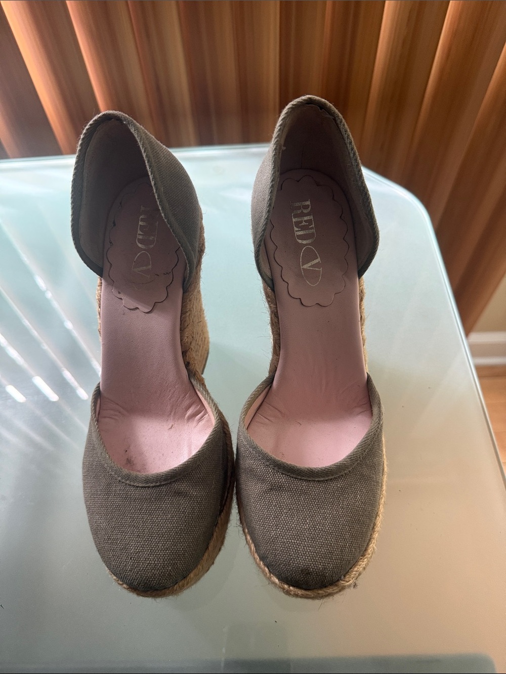 Red Olive Canvas Espadrille Wedges with Pink Insole
